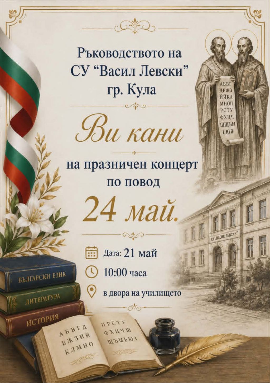Каним Ви на празничен концерт по повод 24 май - СУ Васил Левски - Кула